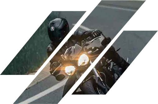 pilote moto dans un virage et la photo est sous forme de parallélogramme placé sur la droite de l'écran
